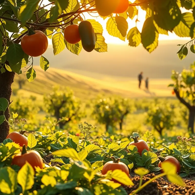 A picturesque landscape showcasing vibrant harvests in lush surroundings, symbolizing the seasonal bounty.