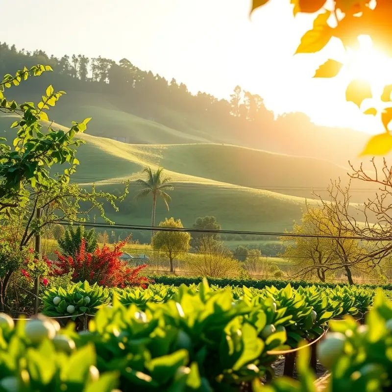 A natural landscape showcasing vibrant fruits and vegetables among lush greenery, representing the connection between nature and nutrition.