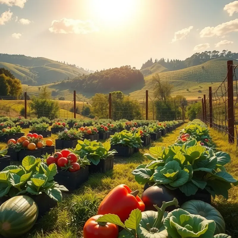 A sunlit field showcasing the abundance of fresh vegetables and fruits, reflecting nature’s bounty.