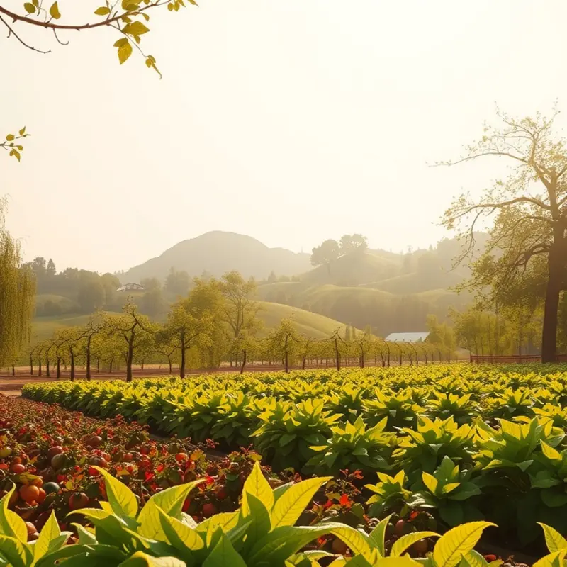 A lush green orchard full of vibrant fruits and vegetables, representing nature’s bounty.