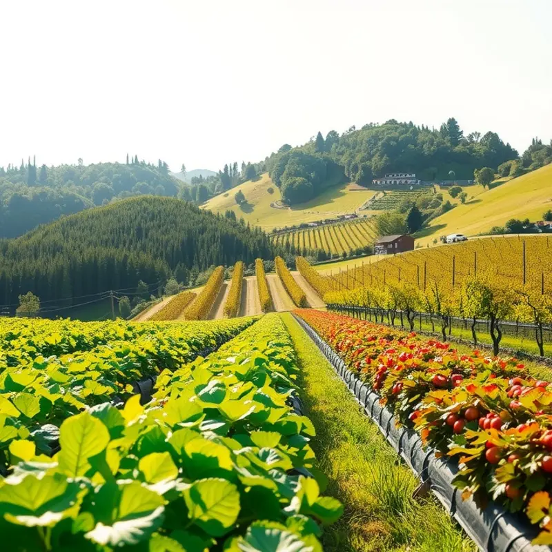 A lush green orchard full of vibrant fruits and vegetables, representing nature’s bounty.