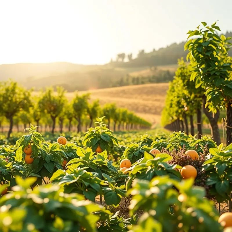 A vibrant and lush sunlit field showcasing organic vegetables and fruits.