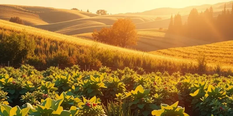 A sunny field showcasing an abundance of colorful organic vegetables and fruits.