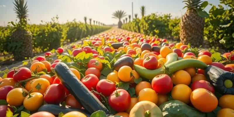 A colorful landscape filled with fresh fruits and vegetables symbolizing healthy nutrition.