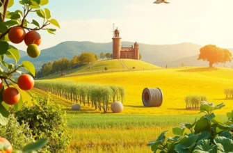 A lush orchard with fruits and vegetables illuminated by sunlight, representing organic produce.