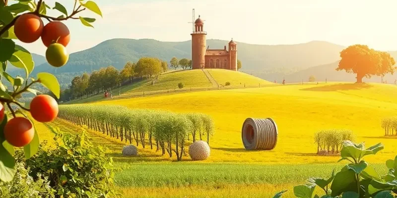 A lush orchard with fruits and vegetables illuminated by sunlight, representing organic produce.