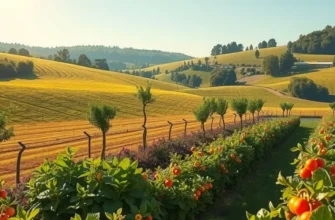 A vibrant sunlit field brimming with organic vegetables and fruits, highlighting healthy nutrition in nature.