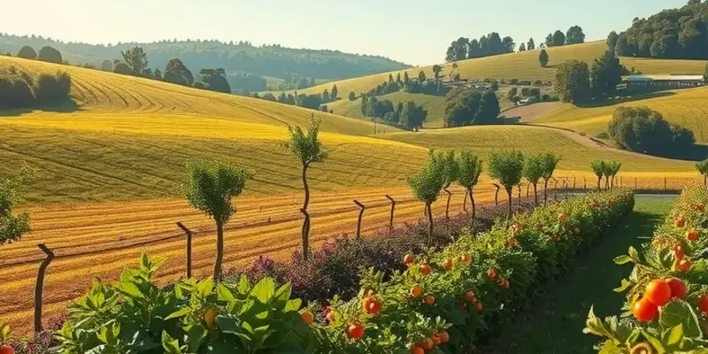 A vibrant sunlit field brimming with organic vegetables and fruits, highlighting healthy nutrition in nature.
