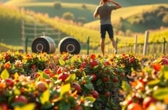 Scenic landscape filled with vibrant organic vegetables and fruits under warm sunlight, emphasizing healthy nutrition.