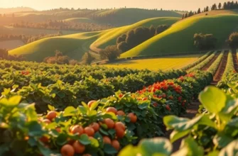 A photorealistic landscape depicting a healthy and organic orchard with fresh vegetables and fruits.