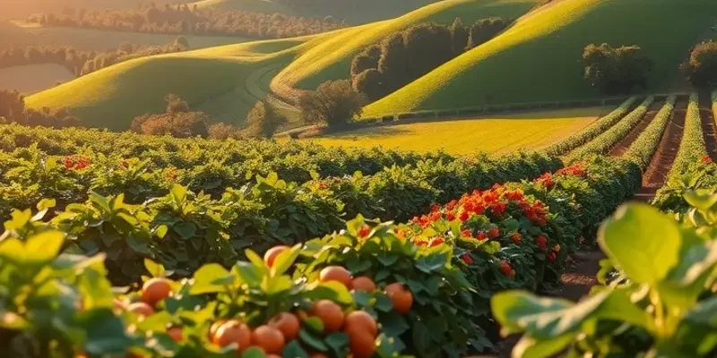 A photorealistic landscape depicting a healthy and organic orchard with fresh vegetables and fruits.