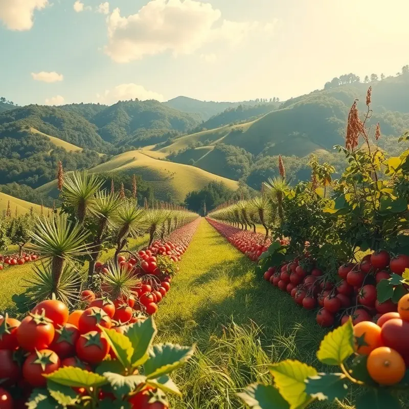 A serene sunlit field filled with vibrant vegetables and fruits, representing nourishment from nature.