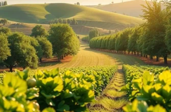A picturesque landscape of fruits and vegetables in a sunny field.