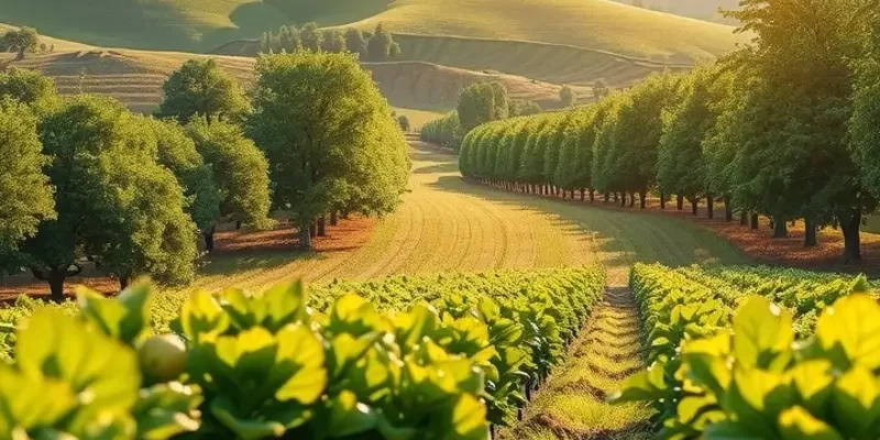 A picturesque landscape of fruits and vegetables in a sunny field.