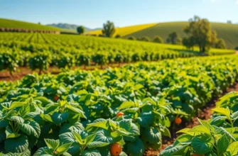 A rich, sunlit orchard filled with diverse organic fruits and vegetables, symbolizing sustainability.