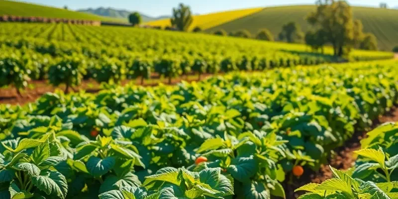 A rich, sunlit orchard filled with diverse organic fruits and vegetables, symbolizing sustainability.