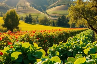 An idyllic scene of a sunlit field filled with colorful vegetables and lush greenery, depicting sustainable living.