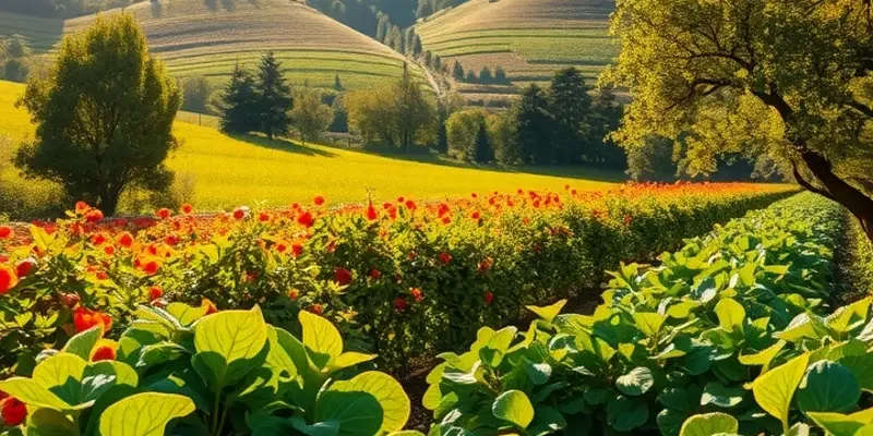 An idyllic scene of a sunlit field filled with colorful vegetables and lush greenery, depicting sustainable living.