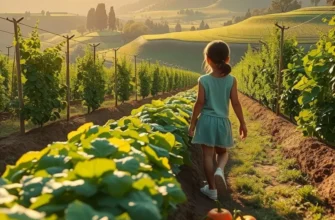 A photorealistic image of a sunlit field filled with organic vegetables and fruits.