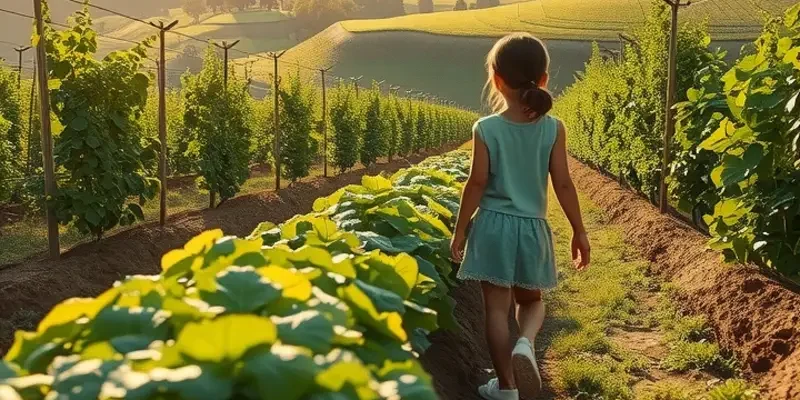 A photorealistic image of a sunlit field filled with organic vegetables and fruits.