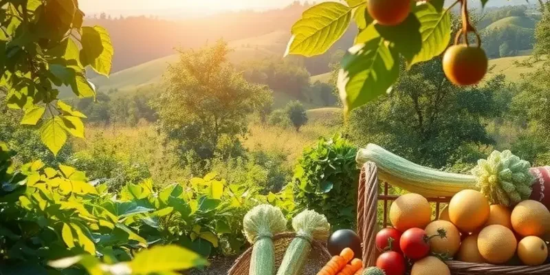 A sunlit landscape filled with natural organic produce, representing healthy dietary practices.