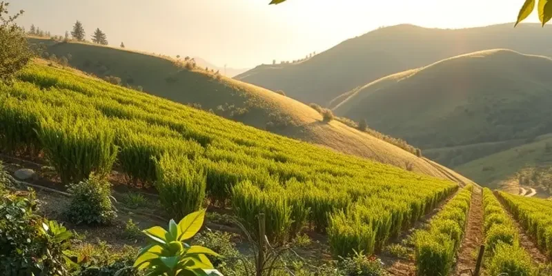 A sunlit landscape featuring a variety of vegetables and fruits amidst lush greenery.