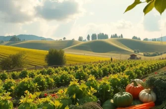 A beautiful landscape of fresh vegetables and fruits under warm sunlight, symbolizing health and nutrition.