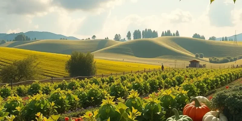 A beautiful landscape of fresh vegetables and fruits under warm sunlight, symbolizing health and nutrition.