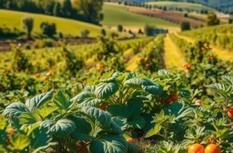 A scenic sunlit field filled with an array of organic fruits and vegetables, promoting healthy eating.