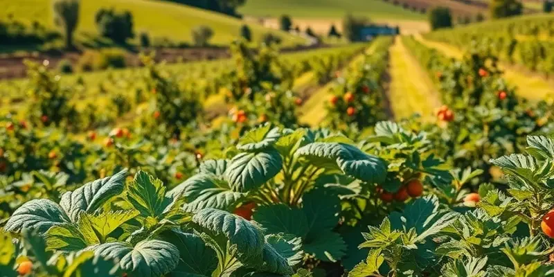 A scenic sunlit field filled with an array of organic fruits and vegetables, promoting healthy eating.