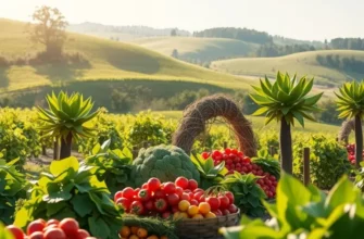 A landscape with organic vegetables and fruits under natural light, symbolizing the beauty of mindful meals.