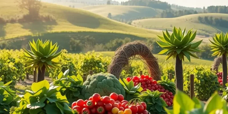 A landscape with organic vegetables and fruits under natural light, symbolizing the beauty of mindful meals.