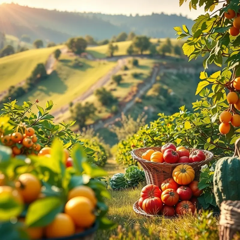 Vibrant vegetables and fruits grow under the sun, showcasing the beauty of organic produce.