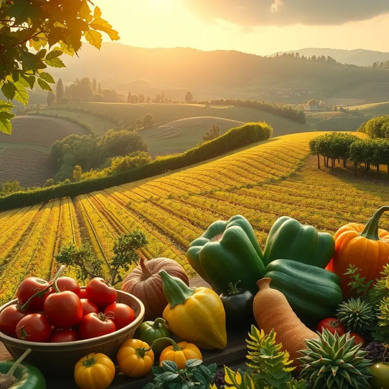 A vibrant landscape showcasing nature’s bounty of fruits and vegetables that support brain health.