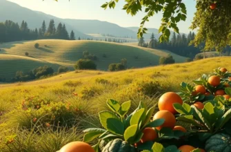 An abundant harvest of fruits and vegetables in a lush field under soft, warm lighting.