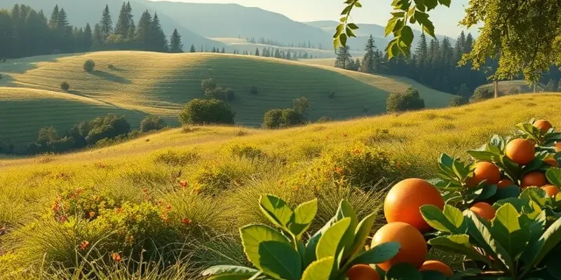 An abundant harvest of fruits and vegetables in a lush field under soft, warm lighting.