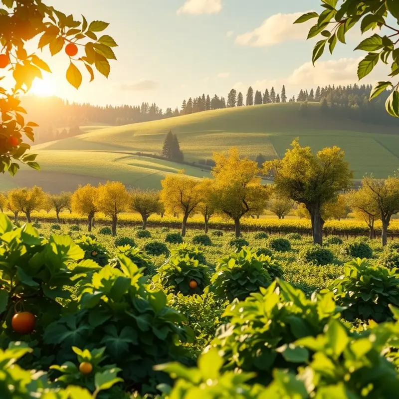 A serene landscape showcasing the abundance of vibrant vegetables and fruits.