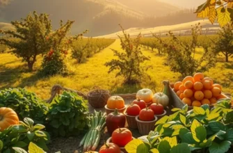 A vibrant field showcasing a variety of organic produce in a natural, sunlit environment.