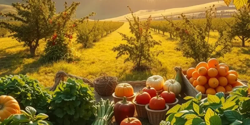 A vibrant field showcasing a variety of organic produce in a natural, sunlit environment.
