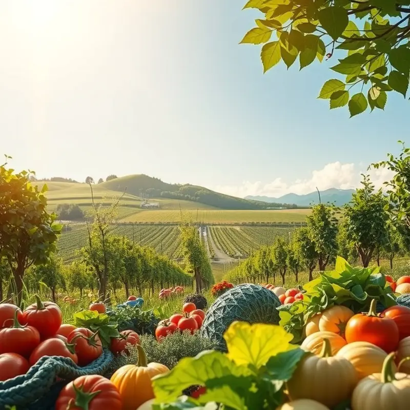 A sunlit field showcasing the abundance of organic fruits and vegetables.