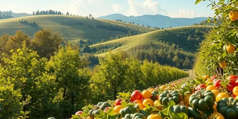 Photorealistic landscape portraying an abundance of fresh fruits in an orchard.