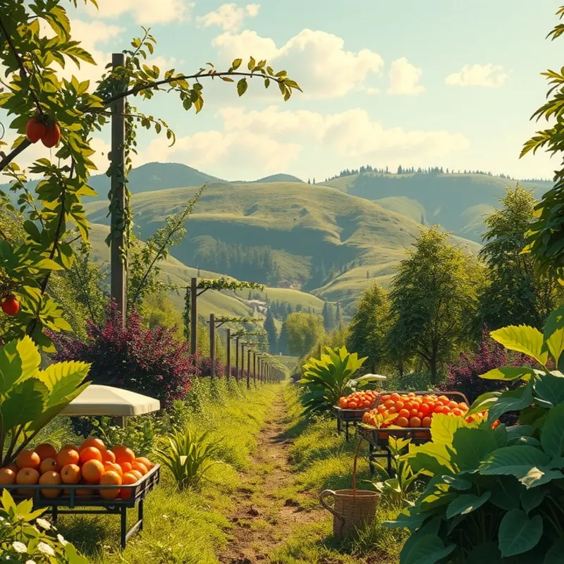 A sunlit field showcasing organic vegetables and fruits growing naturally.
