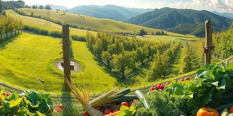Photorealistic landscape depicting the abundance of healthy produce in a natural setting.