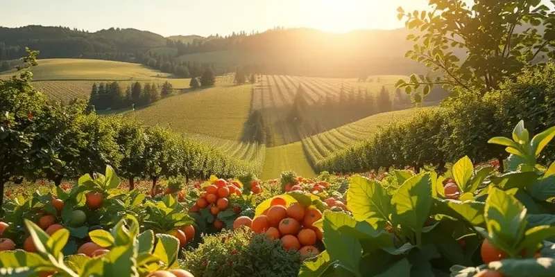 An image of a sunlit field filled with diverse fruits and vegetables representing healthy nutrition.