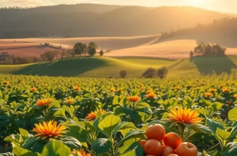 A serene landscape featuring fruits and vegetables growing naturally in a lush setting, representing healthy nutrition.