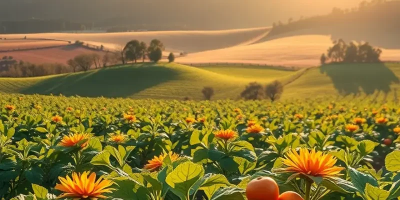 A serene landscape featuring fruits and vegetables growing naturally in a lush setting, representing healthy nutrition.