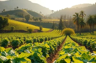 A scenic view of a sunlit orchard filled with fresh fruits and vegetables growing naturally.
