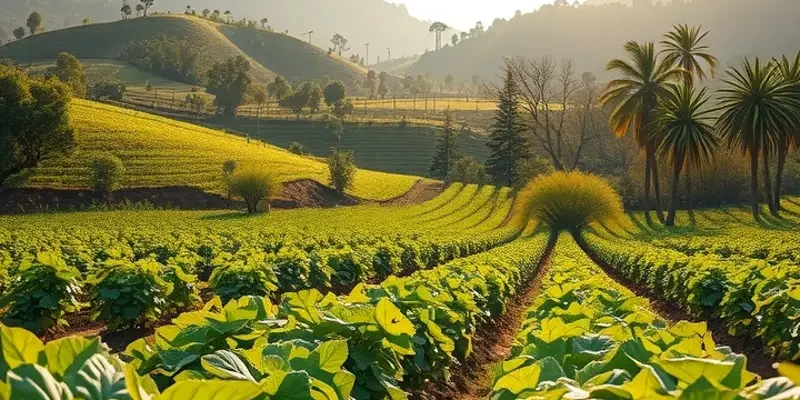 A scenic view of a sunlit orchard filled with fresh fruits and vegetables growing naturally.