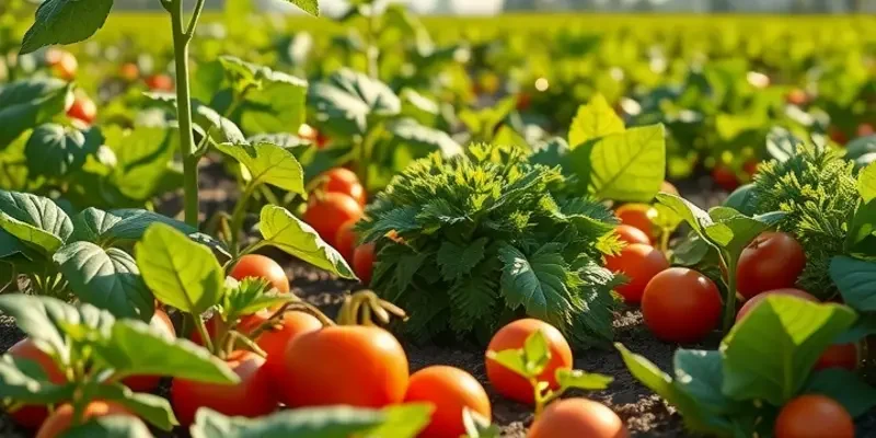 Lush orchard scene with an array of fresh fruits and vegetables celebrating organic meal preparation.