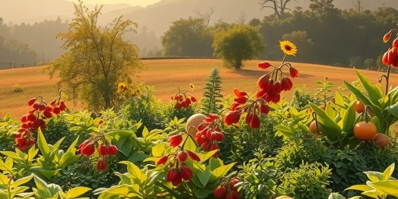 A lush, sunlit landscape overflowing with fruits and vegetables, illustrating the concept of a honey-focused diet.